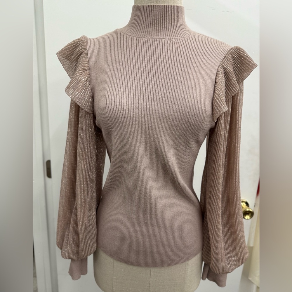 Ruffled metallic  Sleeve Ribbed Sweater